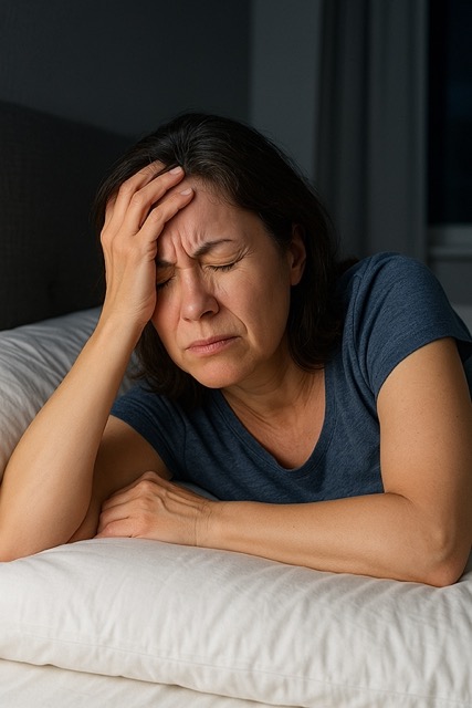 침대에 누워 이마를 짚고 고통스러운 표정을 짓는 중년 여성(출처: 자체제작)