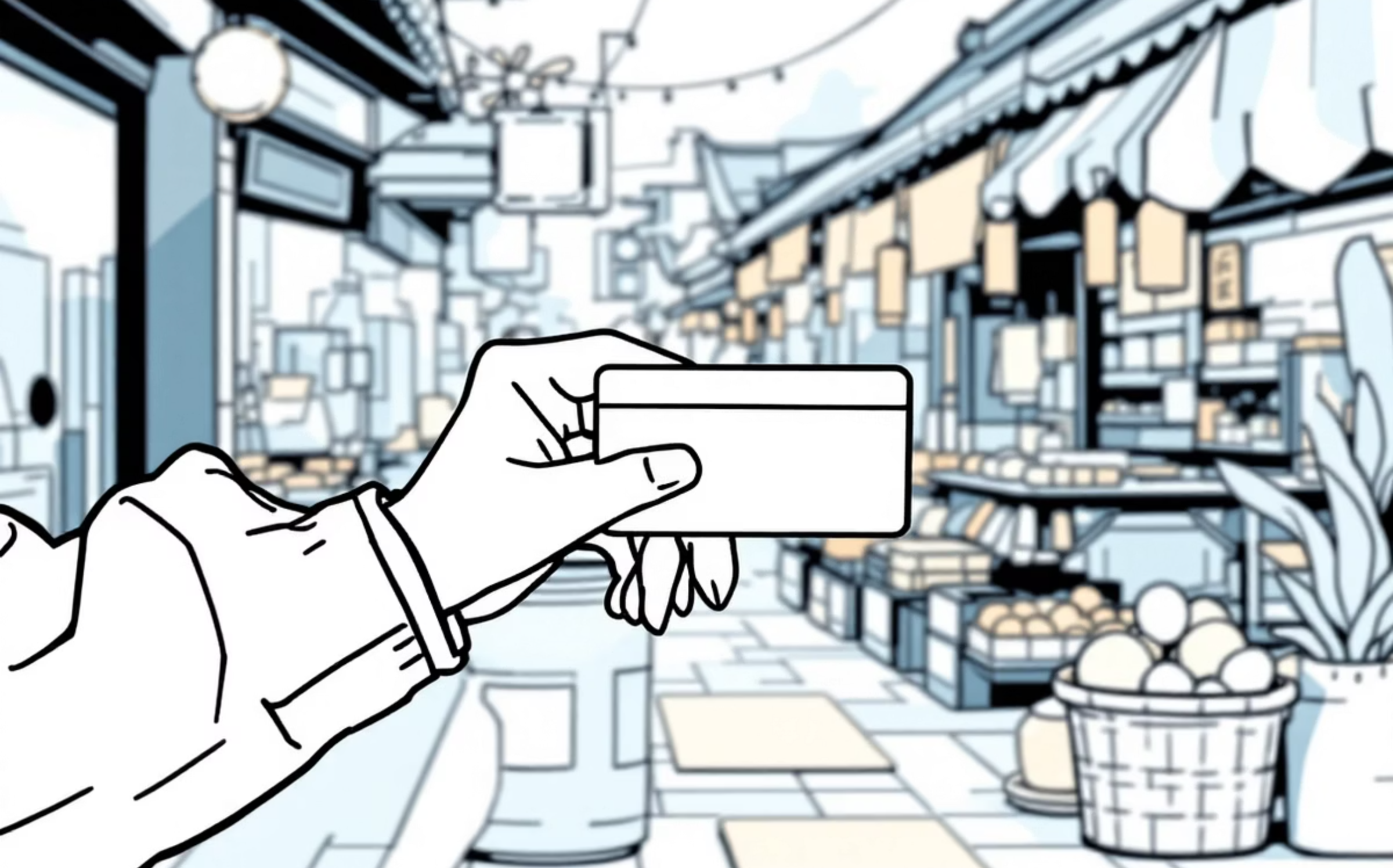 시장 배경에 카드를 들고 있는 모습