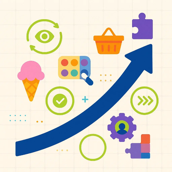 상향 화살표와 함께 다양한 아이콘(아이스크림, 색상 팔레트, 장바구니, 퍼즐 조각, 체크 표시 등)이 배치된 창의적 소비 성장 개념의 인포그래픽 일러스트