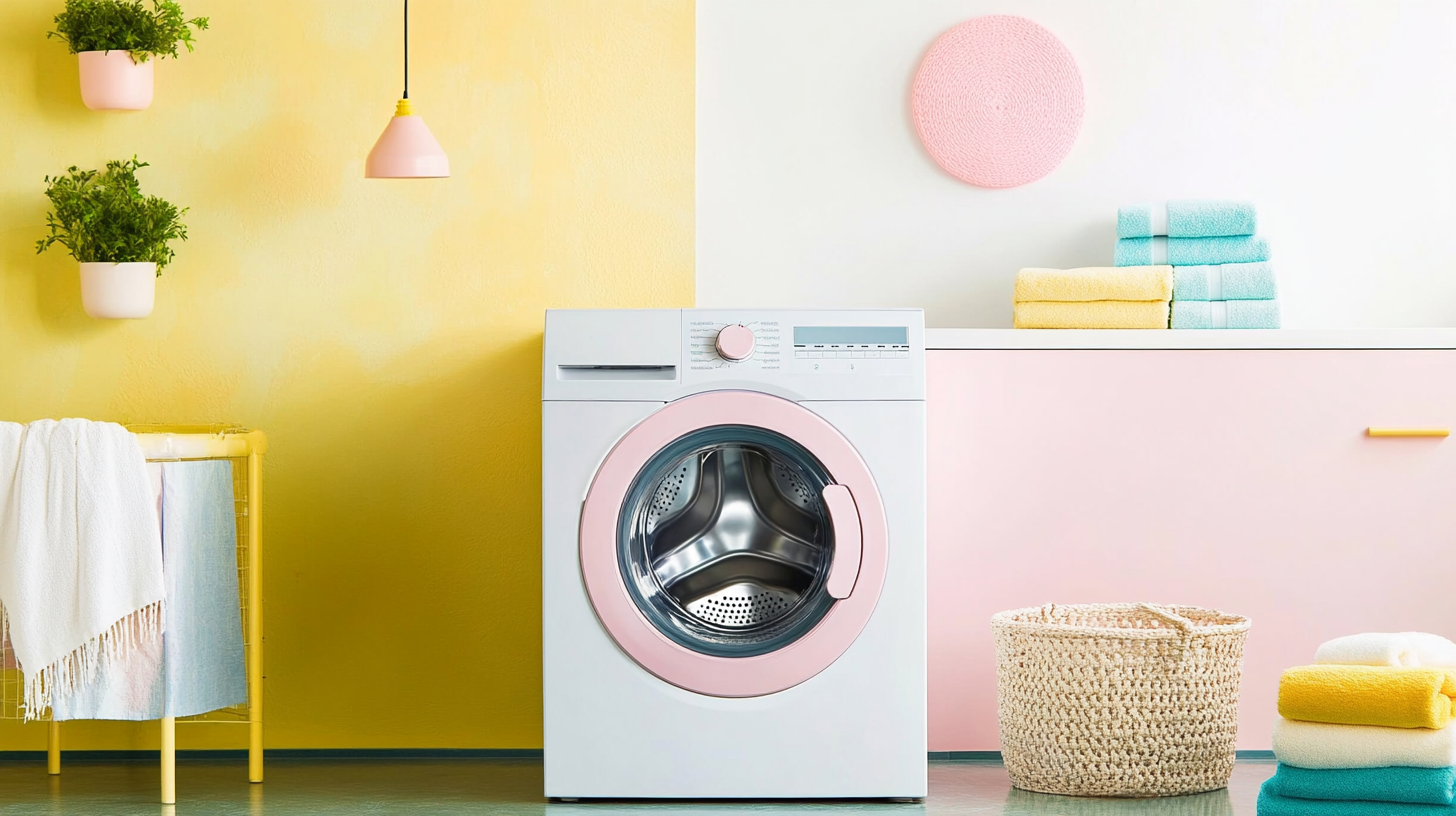 세련된 현대적 디자인의 세탁기가 있는 세탁실 내부 모습, 따뜻한 조명과 파스텔톤으로 꾸며진 공간의 전경