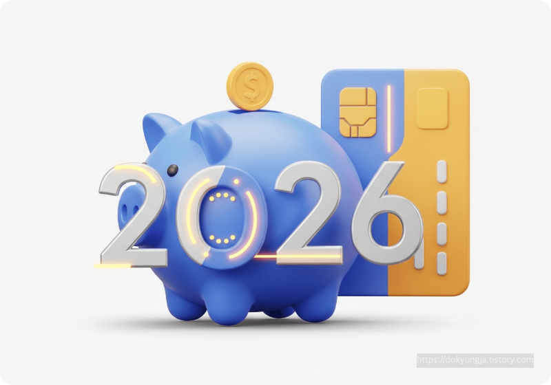 2026년 숫자와 돼지저금통, 신용카드가 함께 있는 3D 일러스트