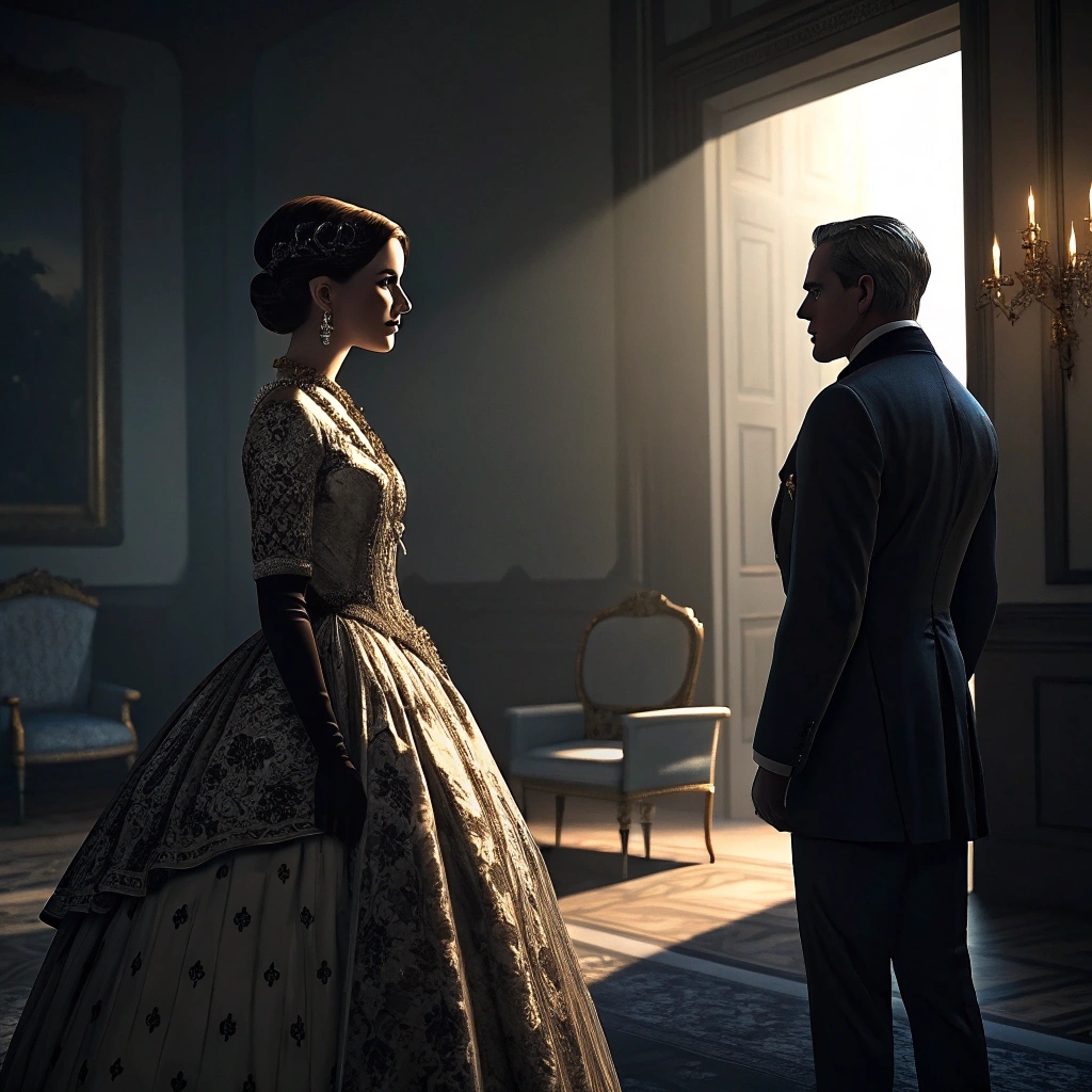 화려하고 과장된 드레스를 입은 여성과 날렵한 각진 수트를 입은 남성이 어두운 분위기의 방에서 긴장감이 느껴지는 장면