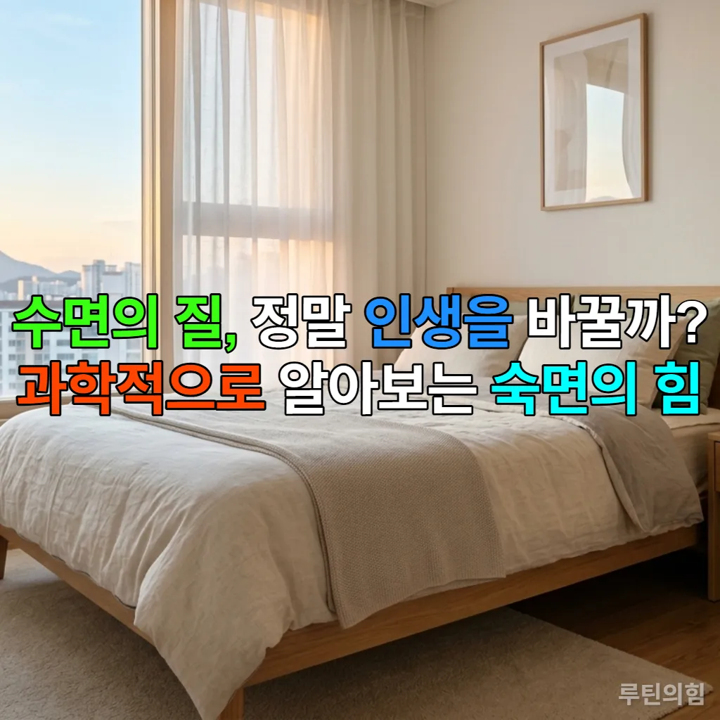 현대 한국 아파트의 평화로운 침실 풍경, 잘 정돈된 침대와 침대 옆 탁자에 놓인 미니멀한 알람 시계와 식물.
