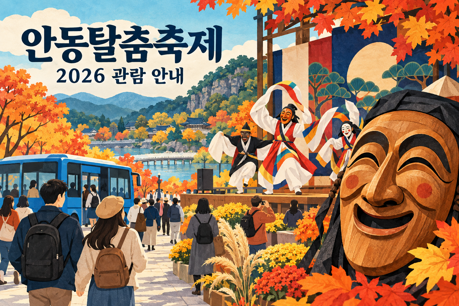 탈과 공연 무대, 셔틀버스를 함께 그린 안동축제 나들이 일러스트