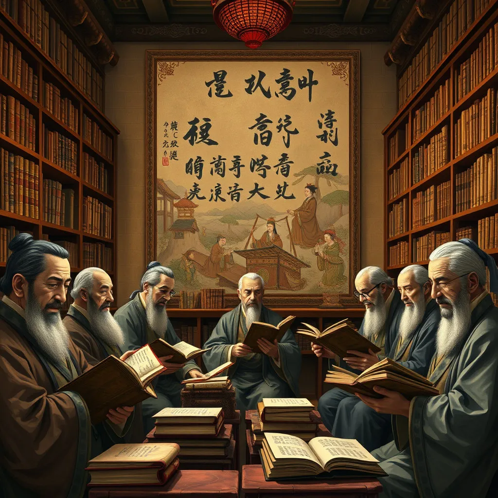 서책이 가득한 서재에서 여러 학자들이 학문에 몰두하고 토론하는 모습입니다. 학자들의 표정에서 진지함과 열정이 느껴지며, 뒤로는 조선 전기의 번성했던 문화를 상징하는 서화가 걸려 있습니다. 이는 후일 연산군과 대립할 사림의 기반을 보여줍니다.