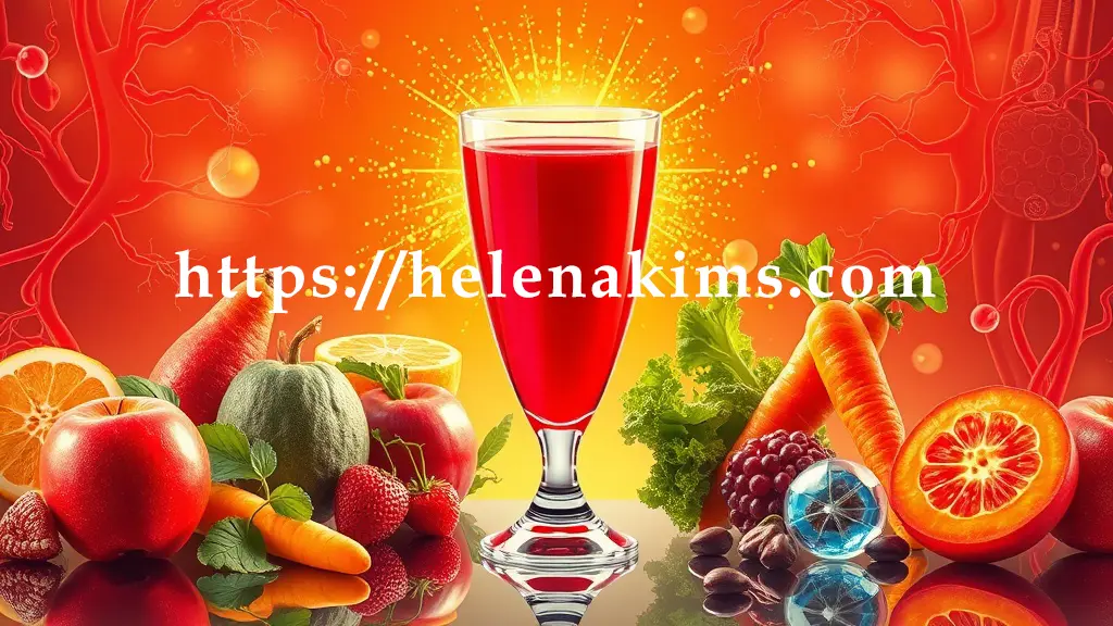 깨끗하고 투명한 유리잔에 담긴, 붉고 영롱하게 빛나는 아침 청혈 주스가 중앙에 있고, 주변에는 사과, 당근, 케일 등의 신선한 재료들이 추상적인 혈관과 세포 이미지와 함께 조화롭게 배치 된 모습.