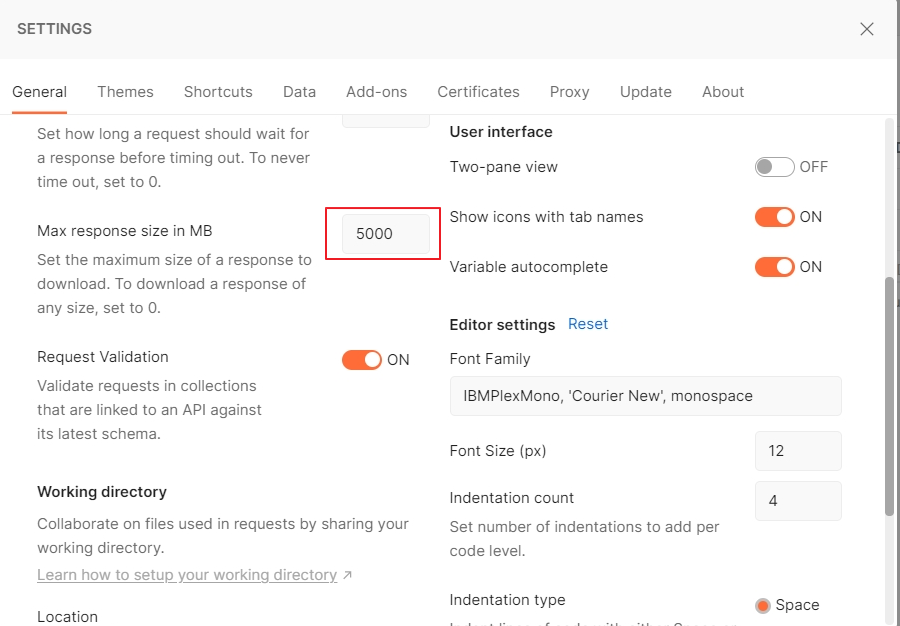Postman Max response size 설정