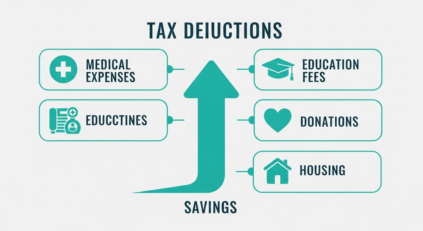 의료비, 교육비, 기부금 등 다양한 연말정산 공제 항목을 시각적으로 보여주는 깔끔한 인포그래픽.
