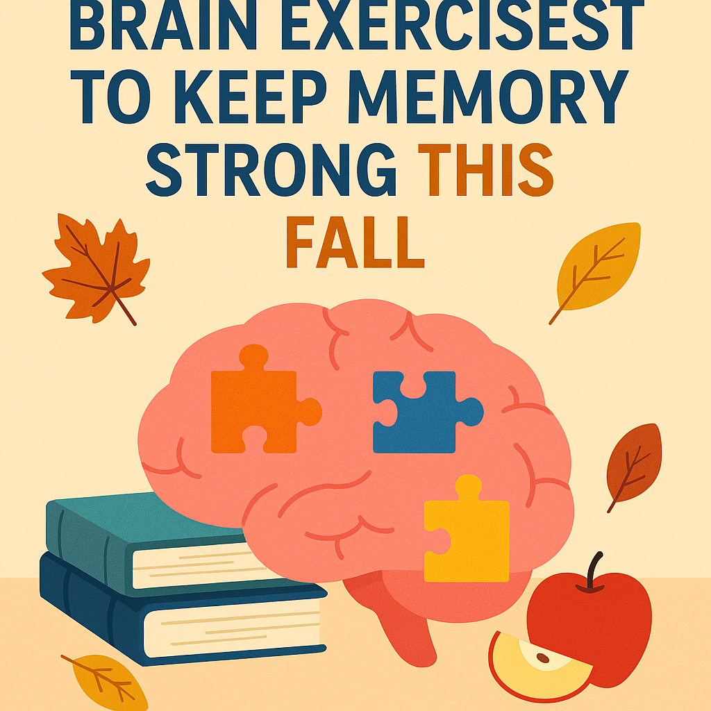 Thumbnail illustration of a brain with puzzle pieces, books, and autumn leaves, symbolizing brain exercises to keep memory strong in the fall, VitalValue health blog