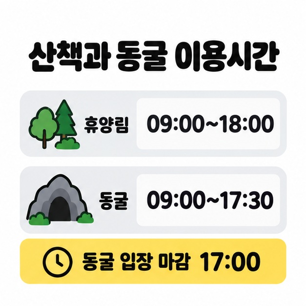 휴양림 9시부터 18시, 동굴 9시부터 17시 30분 운영과 동굴 입장 마감 17시를 비교한 이용시간 안내