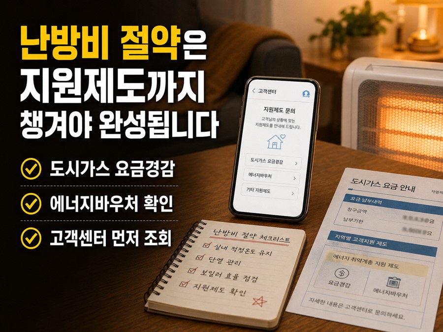 겨울 난방비 절약을 위해 도시가스 요금경감, 에너지바우처, 고객센터 조회까지 함께 확인해야 하는 실전 점검표 이미지입니다.