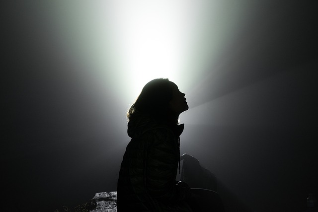 빛을 향해 고개를 든 여성의 뒷모습이 어둠 속에서 비춰지고 있다. 닫히지 않는 세포의 문, 기억의 재생과 내면의 회복을 상징한다. (출처: Pixabay / Free-Photos)