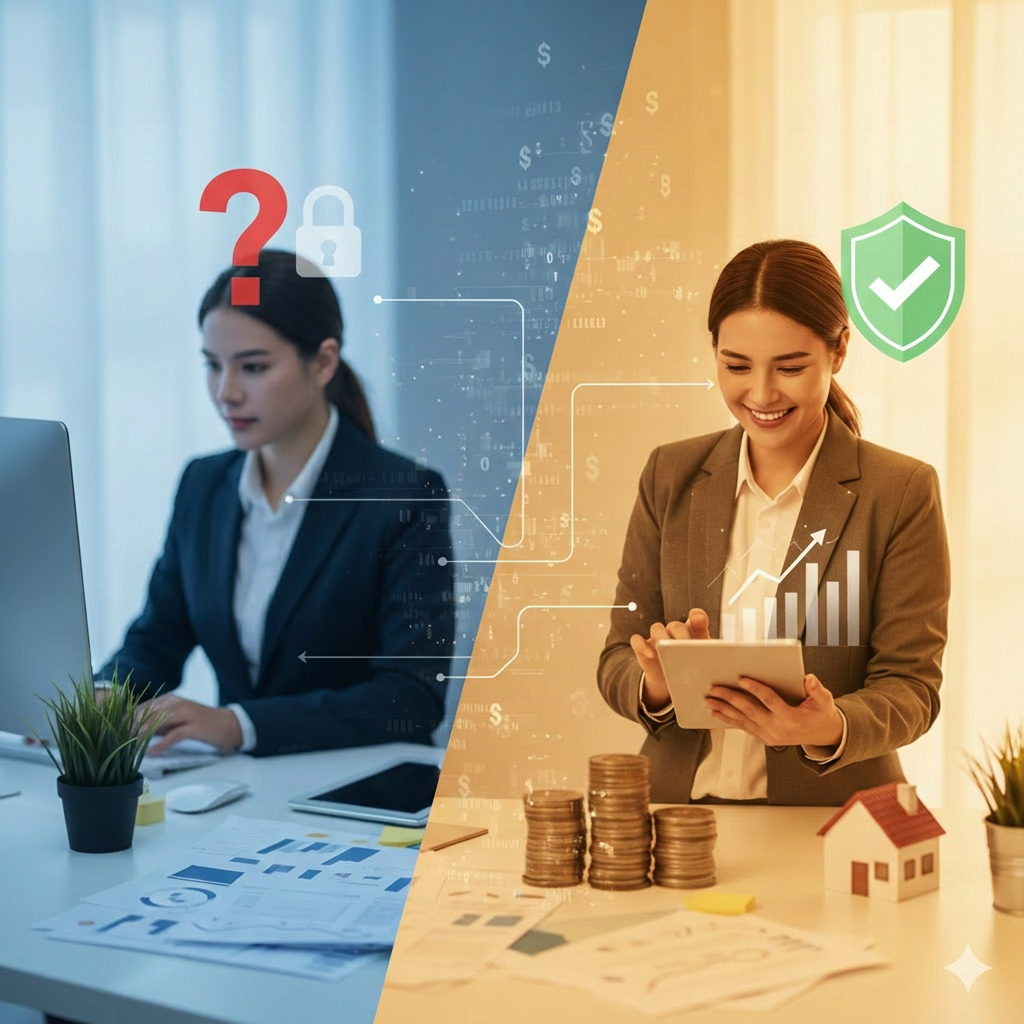 화면이 대각선으로 분할되어 왼쪽에는 사무실에서 업무에 집중하는 직장인의 모습과 물음표, 자물쇠 아이콘이 보이고, 오른쪽에는 태블릿을 보며 미소 짓는 직장인과 쌓여있는 동전, 상승하는 그래프, 초록색 체크표시 방패 아이콘이 배치되어 직장인 부업의 리스크 관리와 성공적인 수익 창출을 대비하여 보여주는 그래픽 이미지