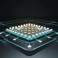 노벨물리학상2025: 거시적 양자 현상을 활용한 양자컴퓨터의 초전도 회로를 회로 위의 흰색과 금색의 실리콘들로 상징적으로 나타낸 이미지.