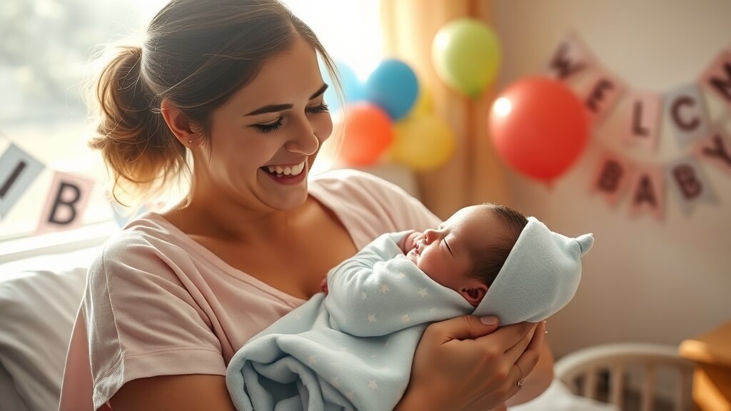 부모의 품에 안겨 평화롭게 잠든 갓난아기 아들. 부드러운 아기 띠나 작은 담요에 싸여 있으며, 아기의 작은 손이나 발이 클로즈업되어 경이로운 탄생의 순간을 표현한다.