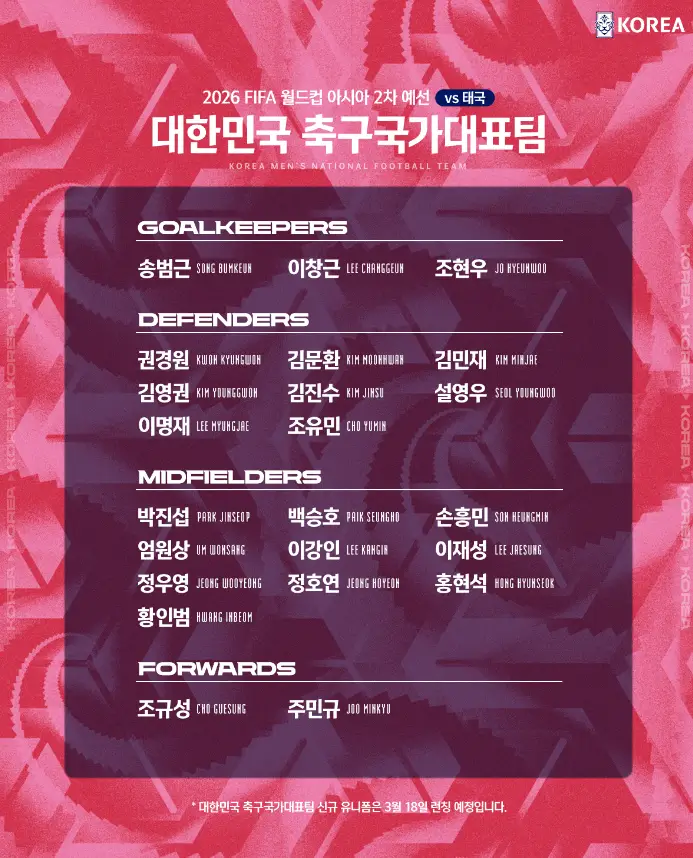 태국전 중계 방송 보기-선수 명단