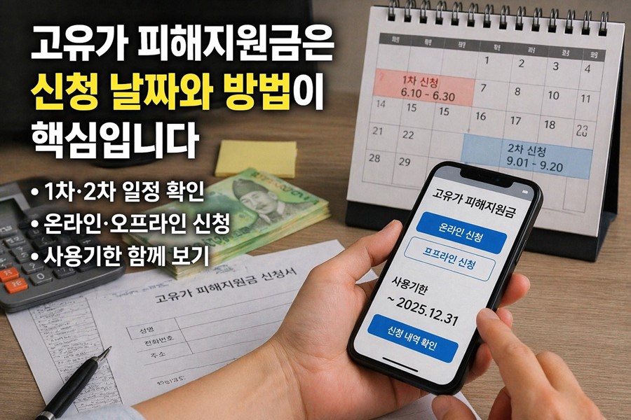 고유가 피해지원금의 1차·2차 신청 일정, 온라인과 오프라인 신청 방법, 사용기한을 함께 확인하는 실전 점검표 이미지입니다.