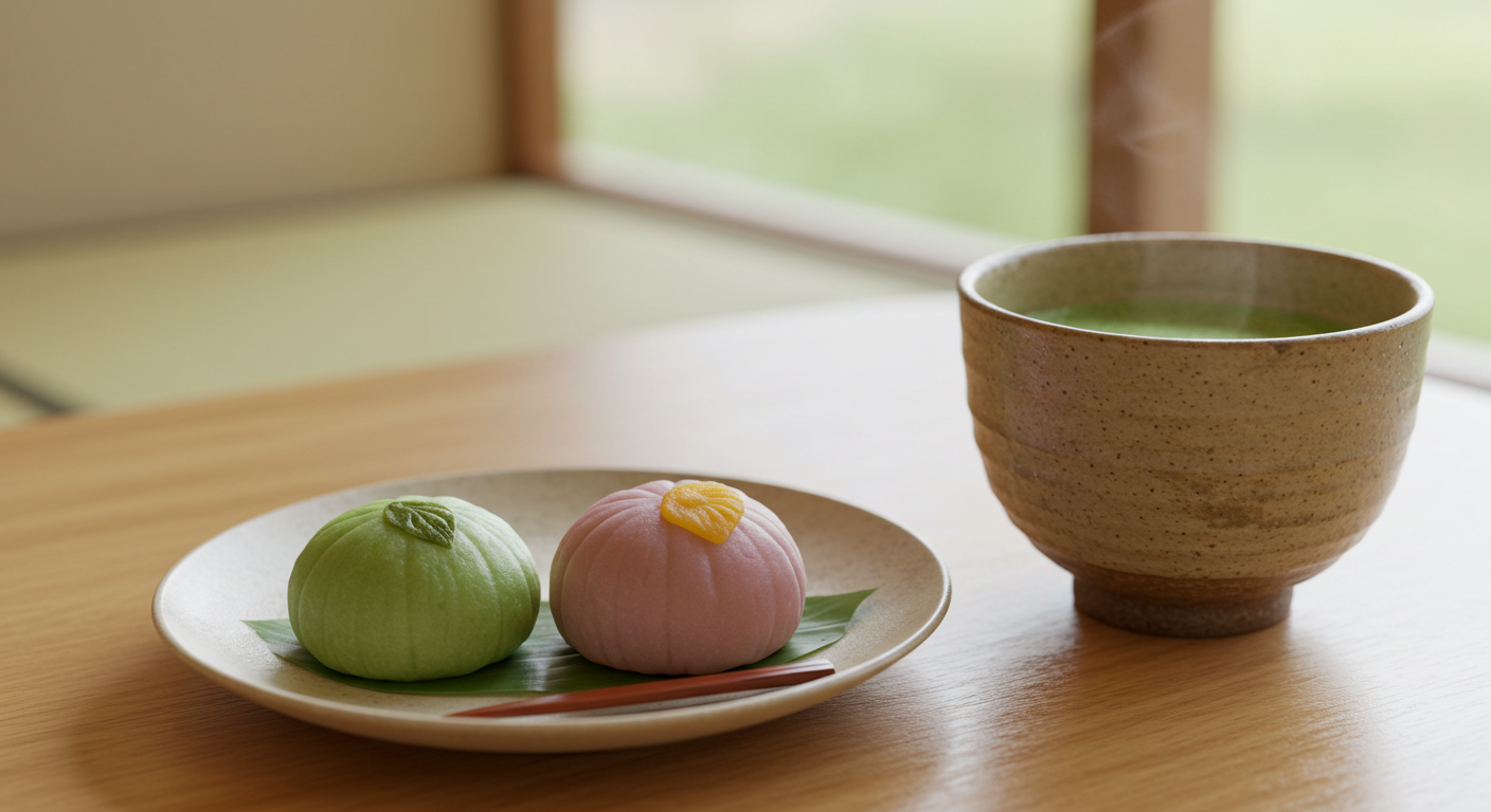 화과자와 따뜻한 녹차 한 잔