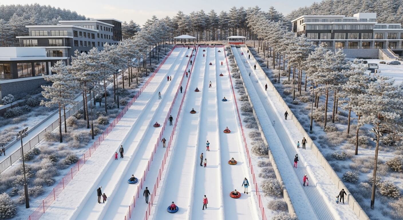 2025년 강원도 눈썰매장의 전경. 미취학 아동을 위한 완만한 슬로프에서 가족들이 안전하게 눈썰매를 즐기고 있으며, 주변에는 현대적인 리조트 건물과 설경이 펼쳐져 있다.