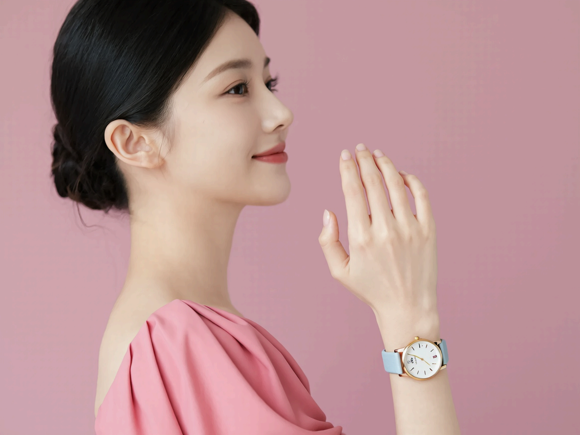 핑크색 드레스를 입고 파스텔톤 시계를 착용한 여성의 손목 클로즈업 이미지