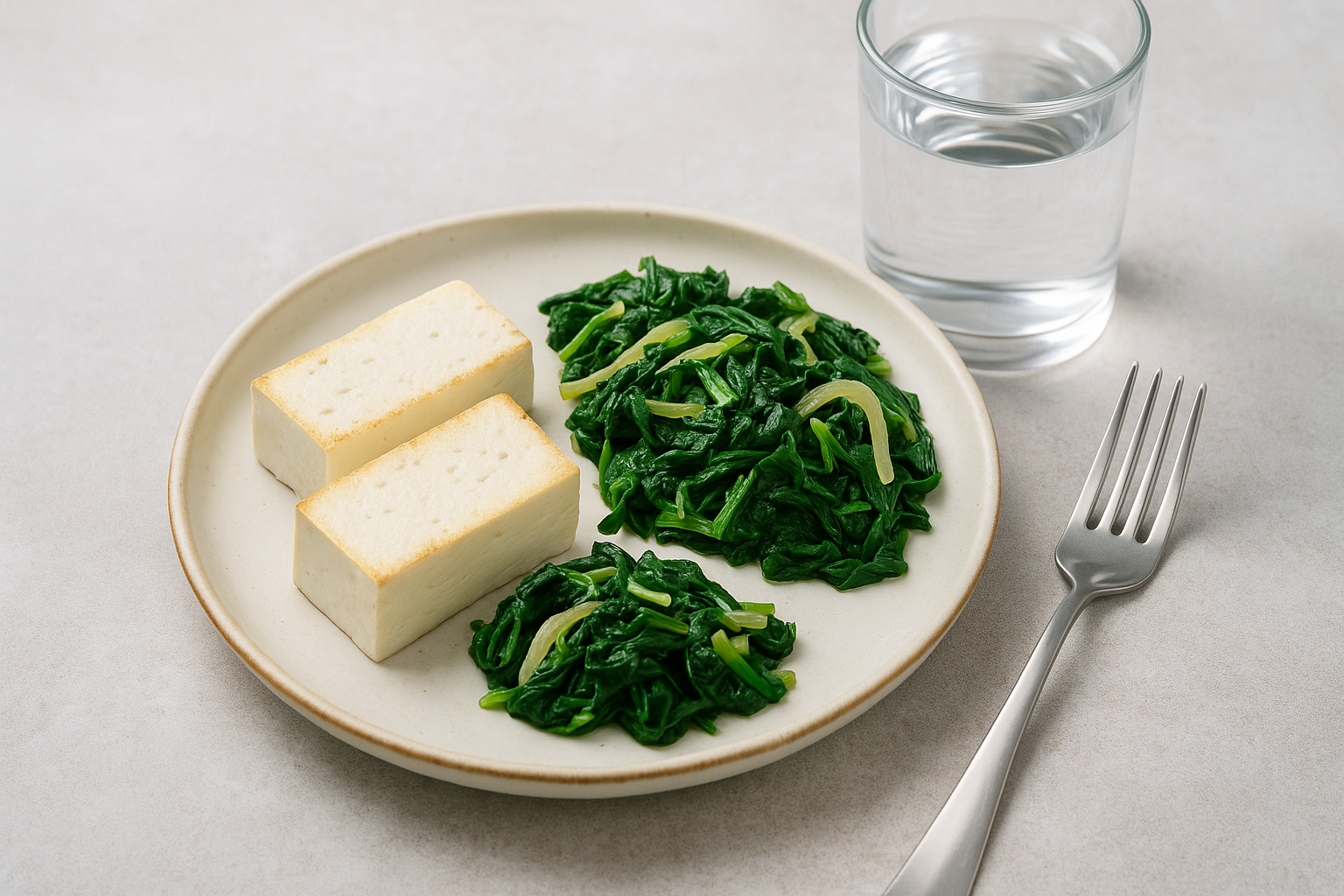 저염으로 조리한 두부와 시금치 한 접시, 붓기 완화 식단 예시