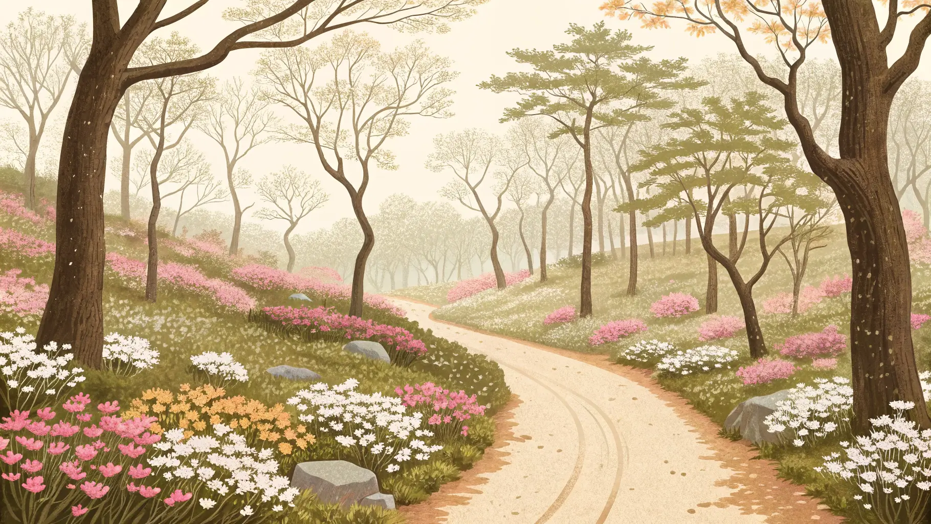 forest path in Gwangneung National Arboretum with spring wildflowers
