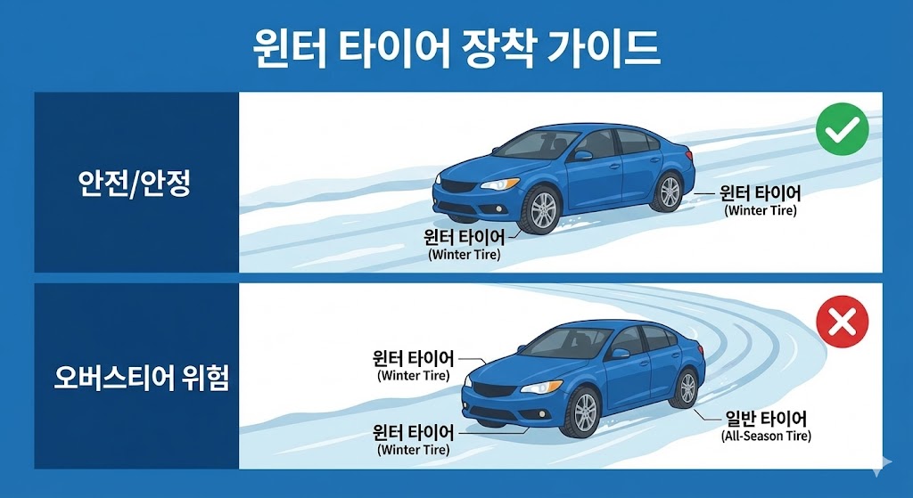 4바퀴 모두 윈터 타이어를 장착한 차량이 눈길을 안정적으로 달리는 모습과, 2개만 교체한 차량이 미끄러지는 비교 그림