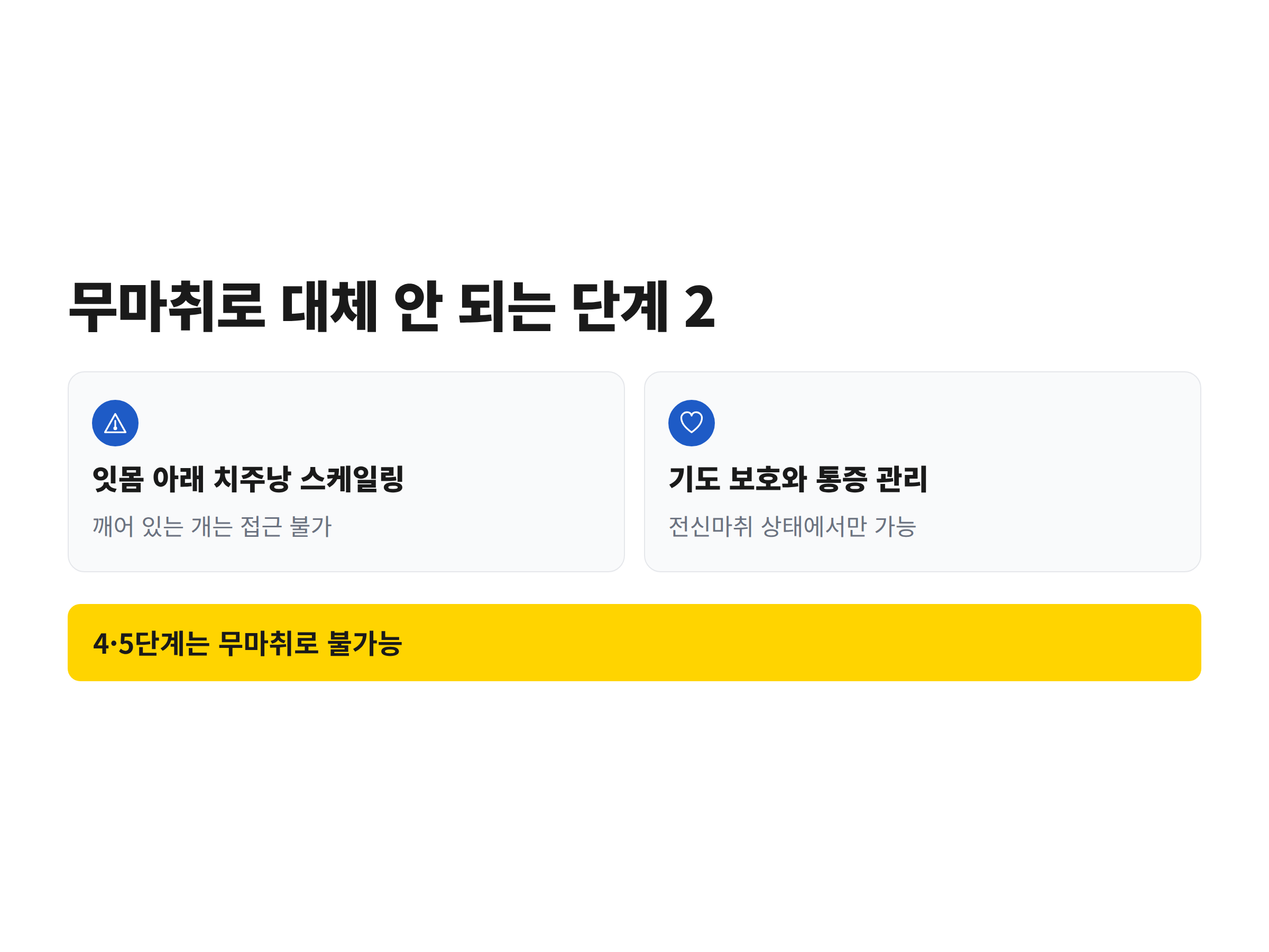 무마취로 대체할 수 없는 나머지 단계인 잇몸 아래 치주낭 스케일링과 기도 보호·통증 관리를 카드로 정리한 이미지