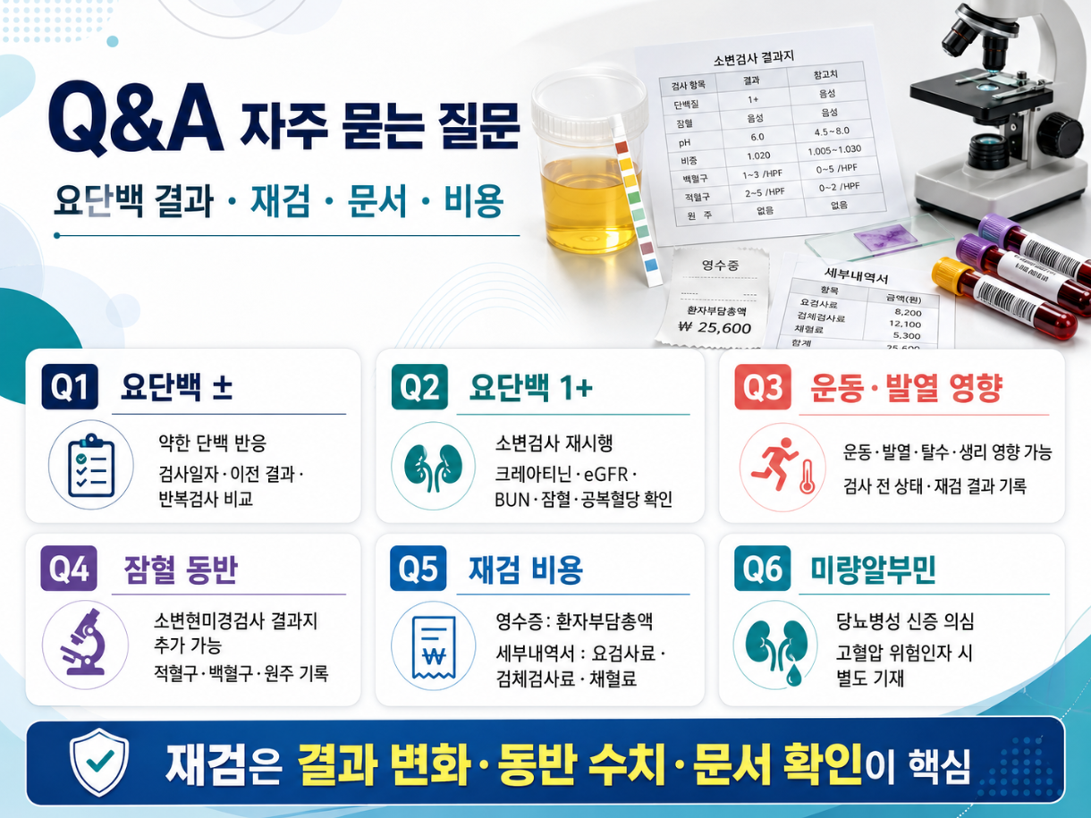 요단백 결과, 외래 재검, 운동·발열 영향, 잠혈 동반, 재검 비용, 미량알부민 검사를 Q&A로 정리한 의료 인포그래픽