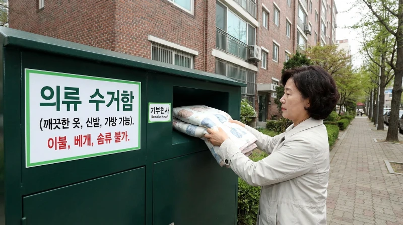 깨끗한 홑이불을 의류수거함에 넣는 주부의 손. 수거함에는 배출 가능 품목 안내가 보인다.