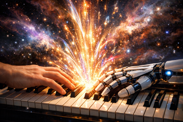 인간의 감성과 AI의 구조적 정밀함이 결합하여 탄생하는 롱폼 음악의 미래상.