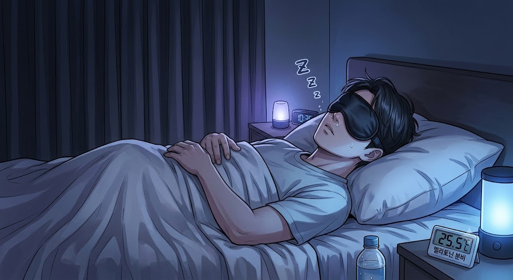 적정 온도의 에어컨을 유지하며 편안하게 잠자는 청년의 모습