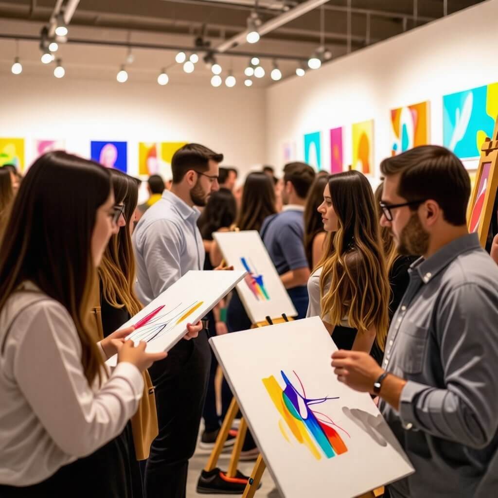 작품 전시 준비: 전시회를 준비하는 과정. 작품을 걸고 있는 모습이나, 전시 공간을 꾸미는 장면.