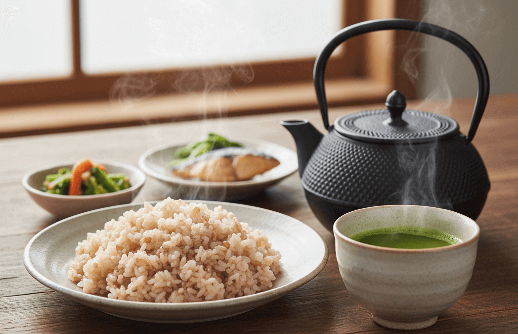 현미밥, 접시, 녹차, 주전자, 식탁