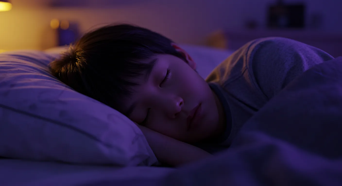 포근한 침대에서 숙면을 취하는 10대 아이와, 키 성장에 중요한 수면을 보여주는 이미지