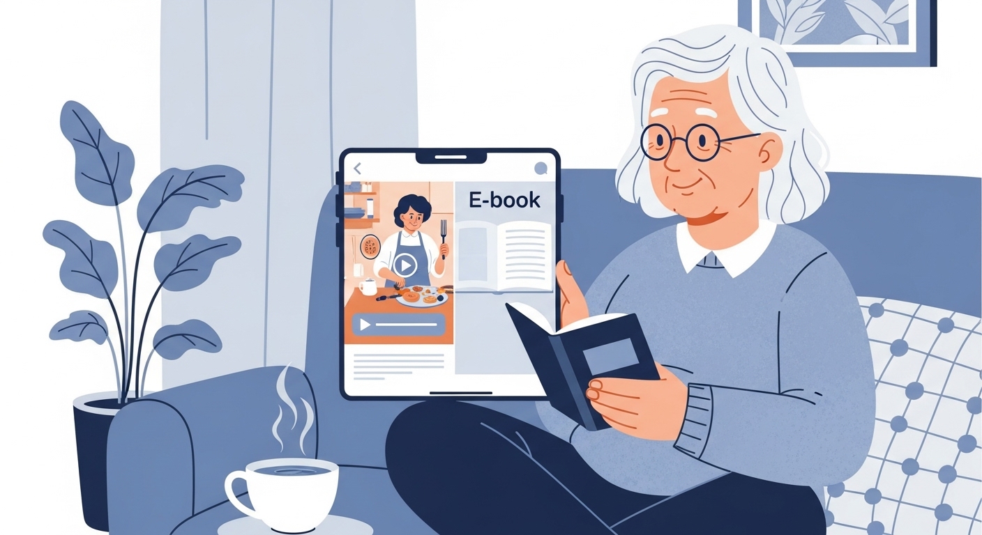 편안한 소파에 앉아 스마트폰으로 요리 영상과 전자책을 보며 취미 생활을 즐기는 시니어의 모습입니다.