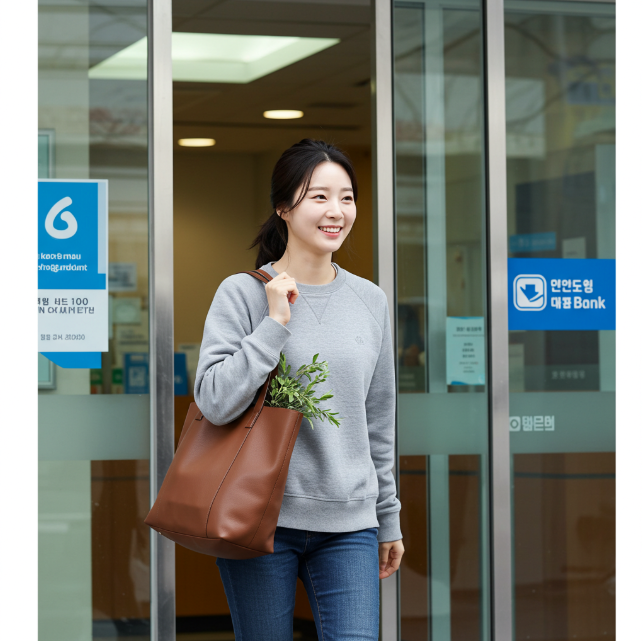 밝은 표정으로 은행문을 나서는 소상공인