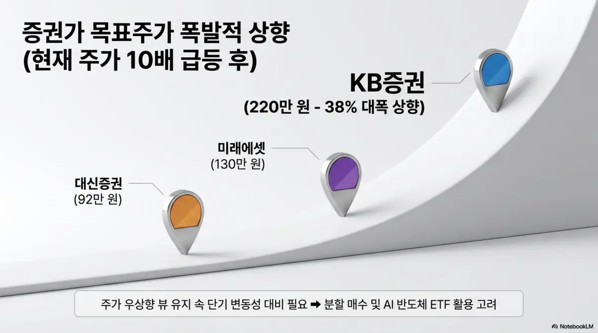삼성전기 주가 전망: 삼성전기에 대한 증권사별 목표주가 폭발적 상향 추이를 보여주는 인포그래픽. 대신증권 92만 원에서 미래에셋 130만 원 KB증권 220만 원까지 상향 러시를 핀 마커로 시각화하며 블로그의 삼성전기 목표주가 비교 분석과 관련된 내용을 설명한다