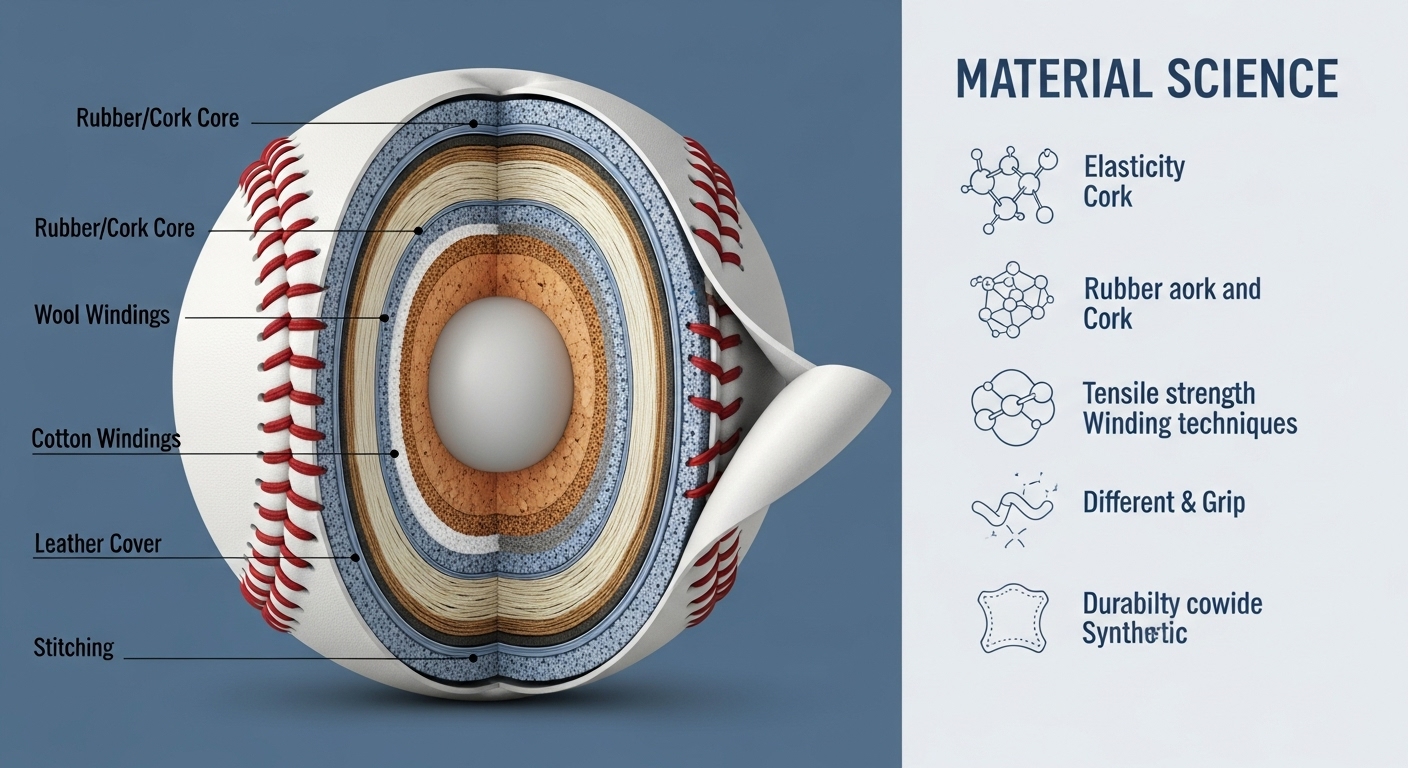 최신 야구공의 내부 구조와 과학적 소재를 설명하는 상세 인포그래픽