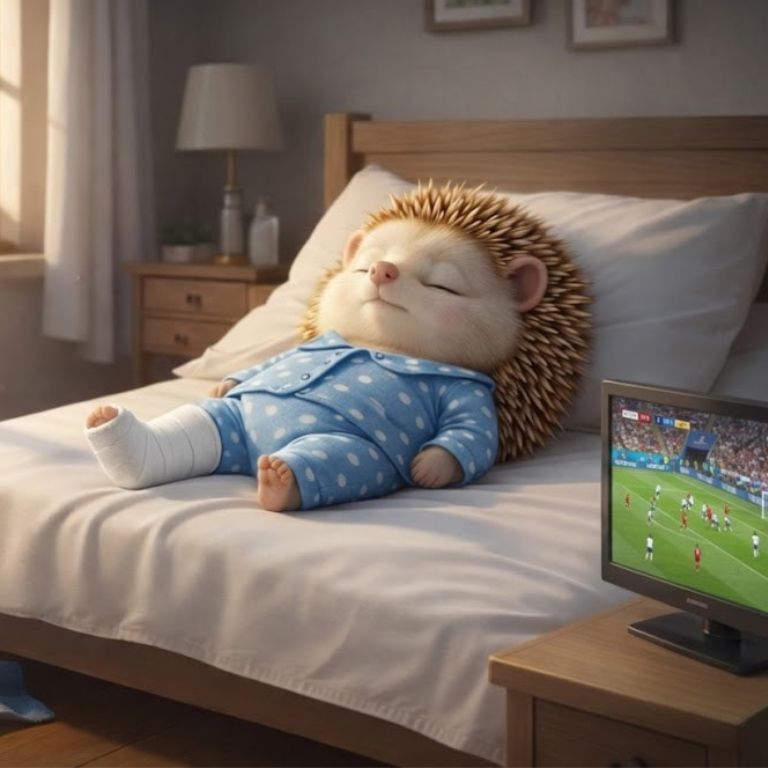 축구하다 골절이 되어서 깁스를 하고 침대에 누워있는 도치씨의 모습