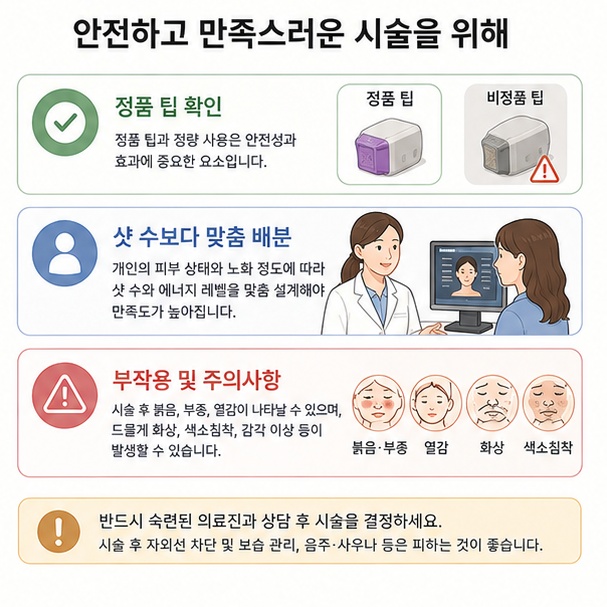 써마지 FLX 시술 전 정품 팁 확인과 개인별 샷 배분 상담 및 붉음, 부종, 화상 등의 부작용 주의를 설명한 이미지