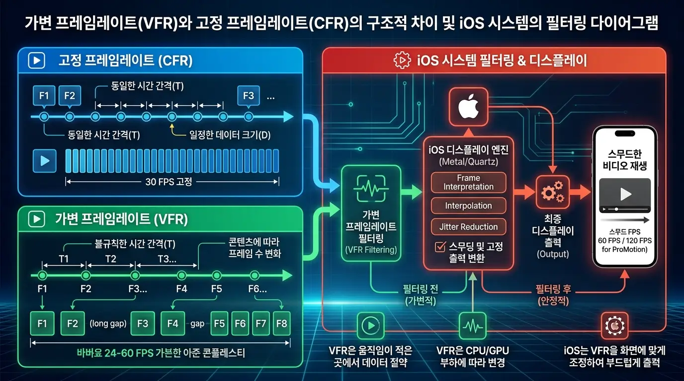 가변 프레임레이트(VFR)와 고정 프레임레이트(CFR)의 구조적 차이 및 iOS 시스템의 필터링 다이어그램