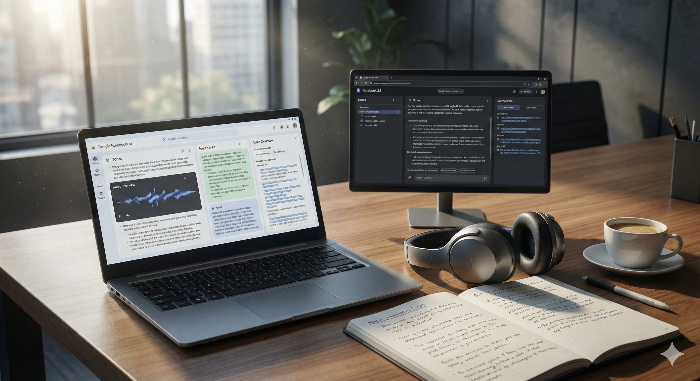 NotebookLM을 활용해 영어 프레젠테이션 자료를 정리하고 스피킹을 연습하는 스마트 오피스 전경
​
A professional workspace showing English presentation preparation using Google NotebookLM with headphones and laptop.