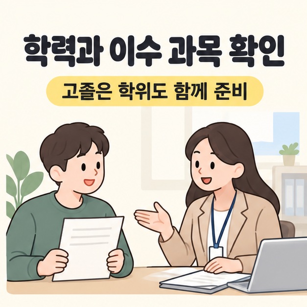 학력과 이수 과목 확인 문구 아래 학습자가 성적증명서 형태의 문서를 들고 교육 상담자와 상의하는 모습