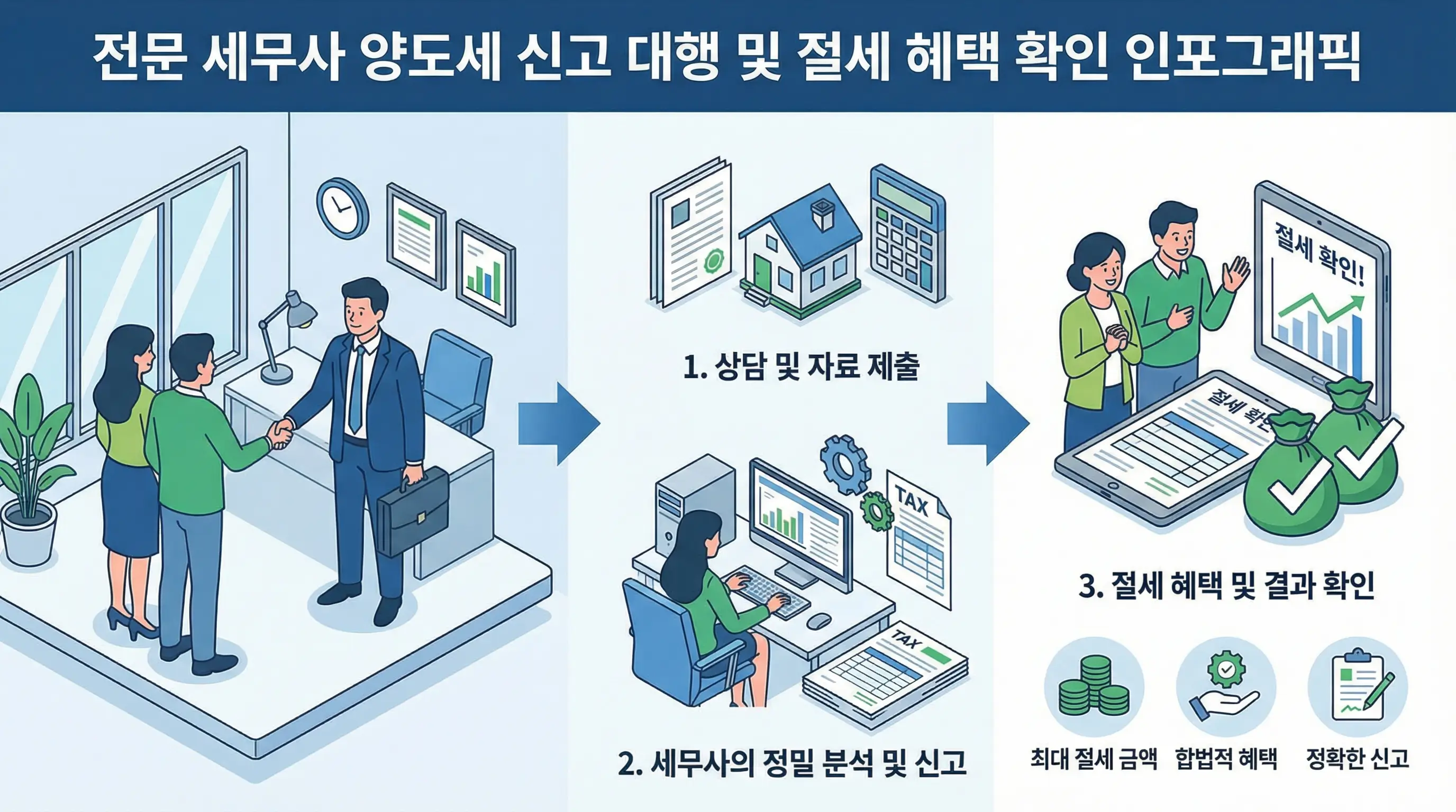 전문 세무사에게 양도세 신고 대행을 맡기고 절세 혜택을 확인하는 인포그래픽