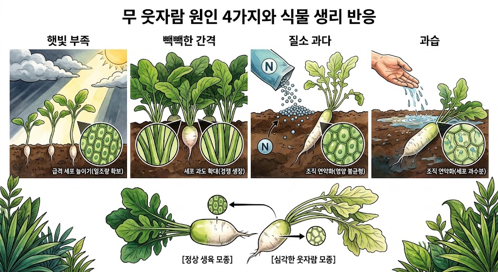 햇빛 부족, 빽빽한 간격, 질소 과다, 과습이 무의 웃자람에 미치는 영향과 식물 내부 변화를 나타낸 인포그래픽