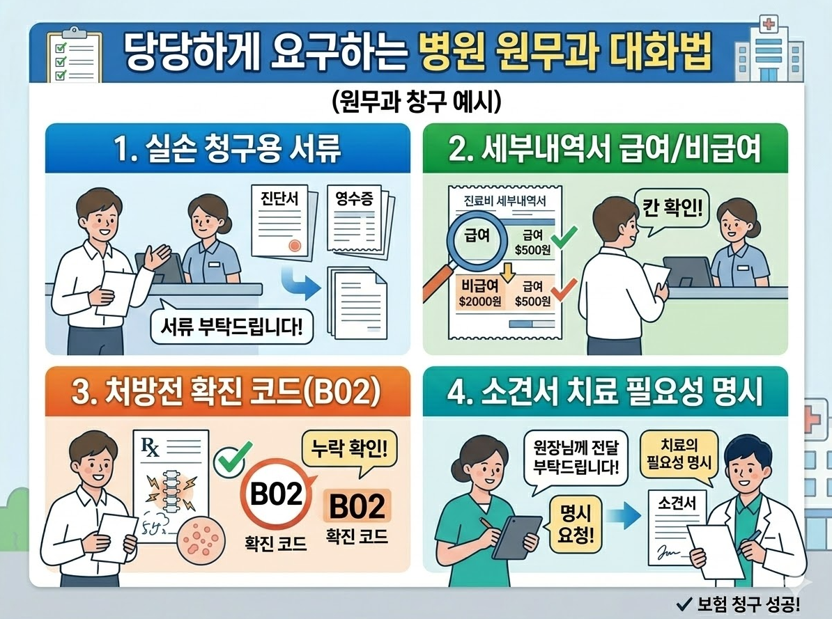 대상포진 실손보험 청구를 위한 병원 원무과 창구 대화 방법 서류 요청과 B02 진단코드 확인 인포그래픽