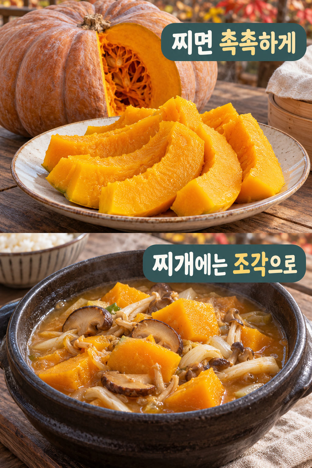 늙은호박 찜과 무&middot;버섯 등을 곁들인 늙은호박 찌개의 비교.
