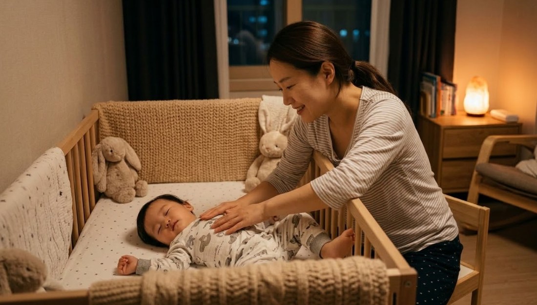 엄마가 아기를 재우는 모습