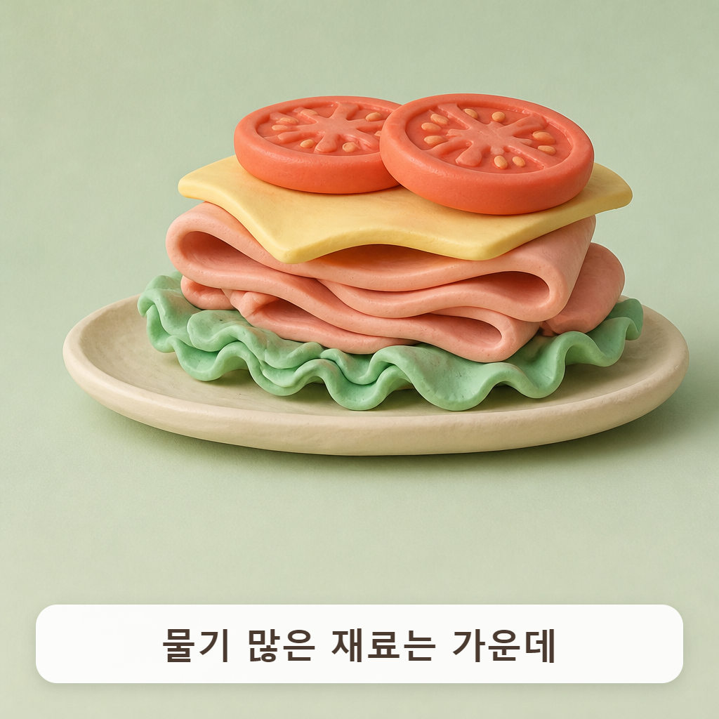 접시 위에 양상추, 햄, 치즈, 토마토가 층층이 쌓이는 모습